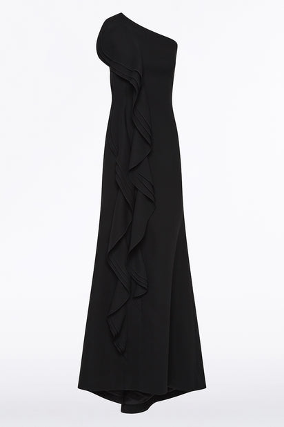 BLACK CREPE ONE SHOULDER PETAL GOWN
