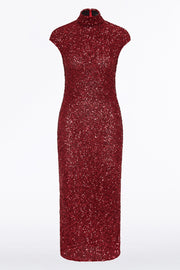 CHERRY CRUSHED SEQUIN CAP SLEEVE MIDI DRESS