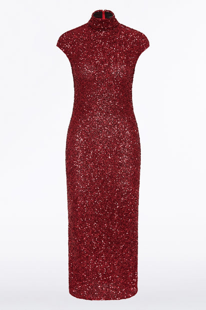 CHERRY CRUSHED SEQUIN CAP SLEEVE MIDI DRESS