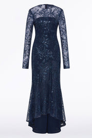 NAVY FLORAL MESH LONG SLEEVE GOWN