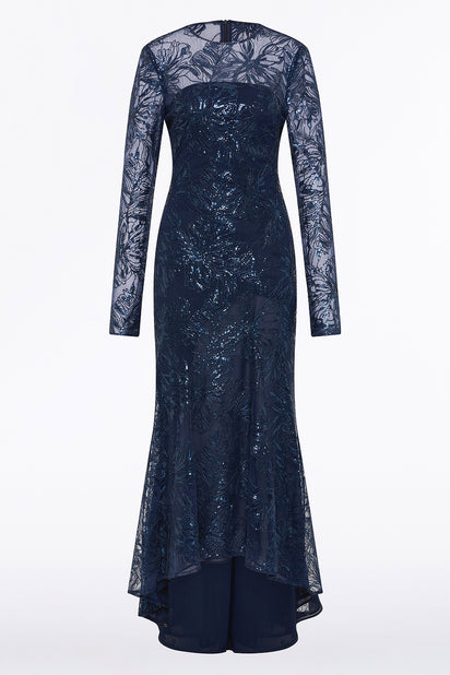 NAVY FLORAL MESH LONG SLEEVE GOWN