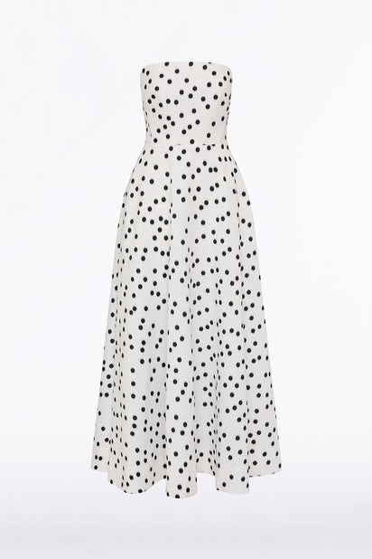 WHITE AND BLACK SPOT JACQUARD A-LINE STRAPLESS GOWN