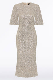 IVORY CRUSHED SEQUIN BELL SLEEVE MIDI DRESS