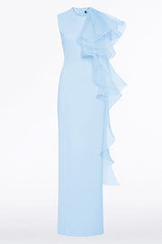 PALE BLUE CREPE RUFFLE SHOULDER GOWN