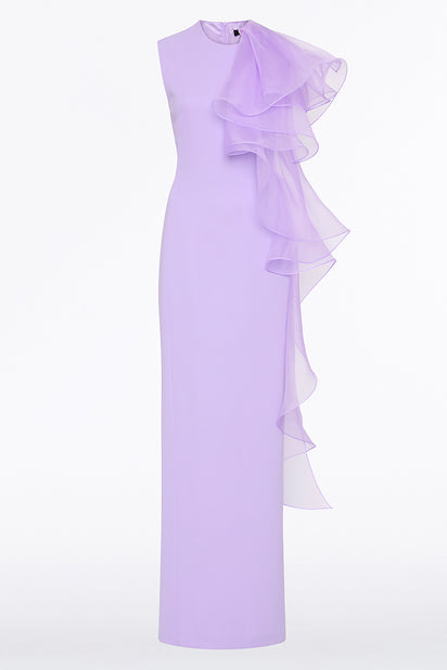 LILAC CREPE RUFFLE SHOULDER GOWN