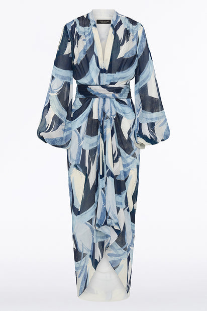 PAINTED FLORAL GEORGETTE WATERFALL DRESS