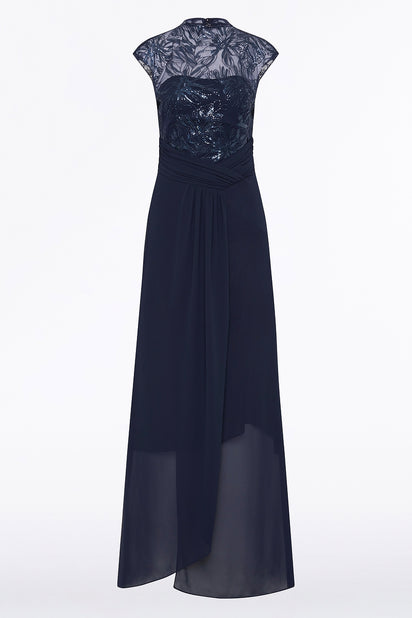 NAVY FLORAL MESH DRAPE GOWN