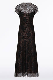 BLACK METALLIC LACE CAP SLEEVE MIDI DRESS