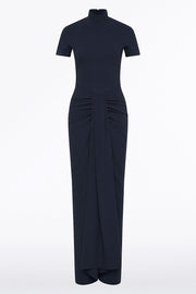 NAVY CREPE FITTED WATERFALL GOWN