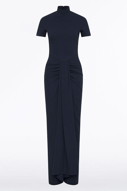 NAVY CREPE FITTED WATERFALL GOWN