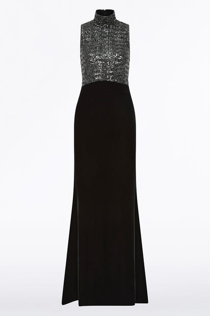 BLACK VELVET SEQUIN HALTER NECK DRESS