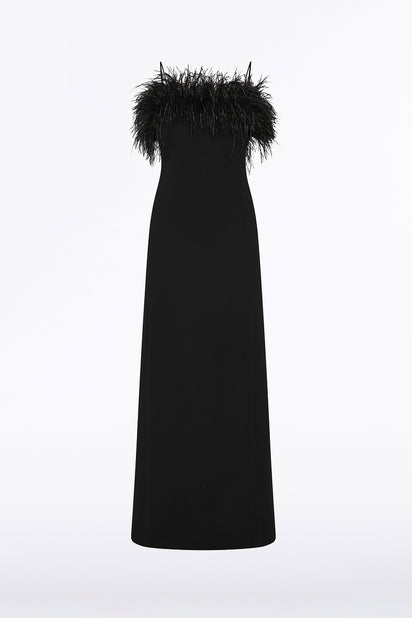 BLACK CREPE FEATHER MAXI DRESS