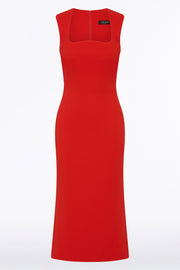 RED CREPE CURVE NECK DETAIL MIDI DRESS