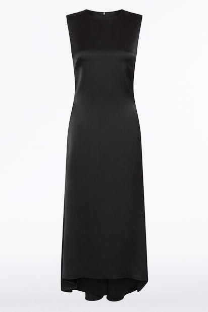 BLACK SATIN GODET DRESS