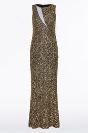BRONZE CRUSHED SEQUIN MESH-INSERT DRESS