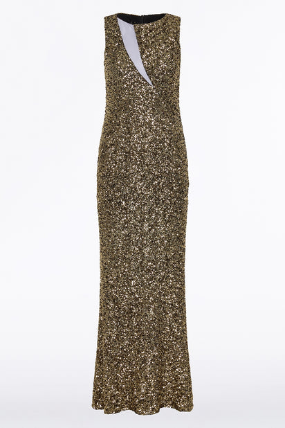 BRONZE CRUSHED SEQUIN MESH-INSERT DRESS