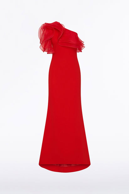 RED CREPE ONE SHOULDER ORGANZA RUFFLE GOWN