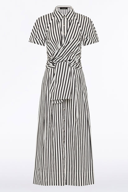 BLACK AND WHITE STRIPE COTTON WRAP SHIRT DRESS