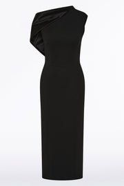 BLACK CREPE SCULPTED ONE SHOULDER MIDI DRESS
