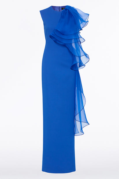 COBALT CREPE RUFFLE SHOULDER GOWN