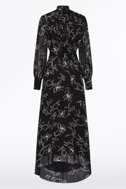 BLACK LINEAR FLORAL MIDI DRESS