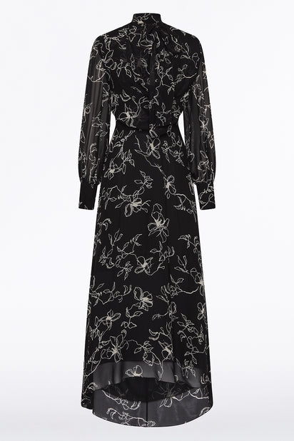 BLACK LINEAR FLORAL MIDI DRESS