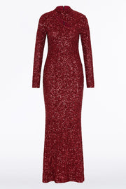 CHERRY CRUSHED SEQUIN LONG SLEEVE GOWN