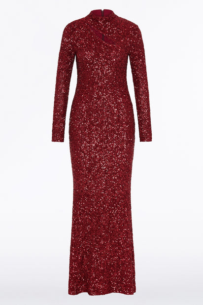 CHERRY CRUSHED SEQUIN LONG SLEEVE GOWN