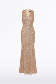 CHAMPAGNE CRUSHED SEQUIN V-NECK GOWN