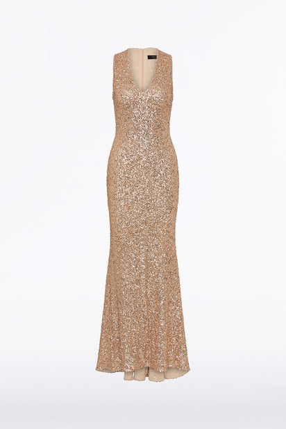 CHAMPAGNE CRUSHED SEQUIN V-NECK GOWN