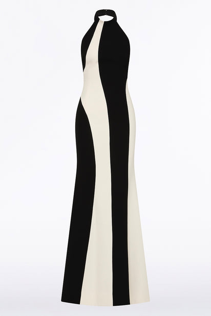 IVORY AND BLACK CREPE PANEL GOWN