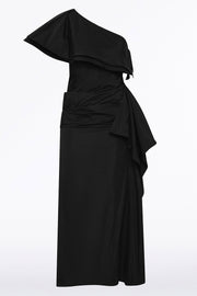 BLACK TAFFETA ASYMMETRIC ONE SHOULDER DRESS