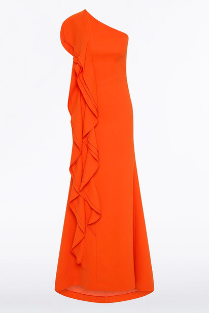 TANGERINE CREPE ONE SHOULDER PETAL GOWN
