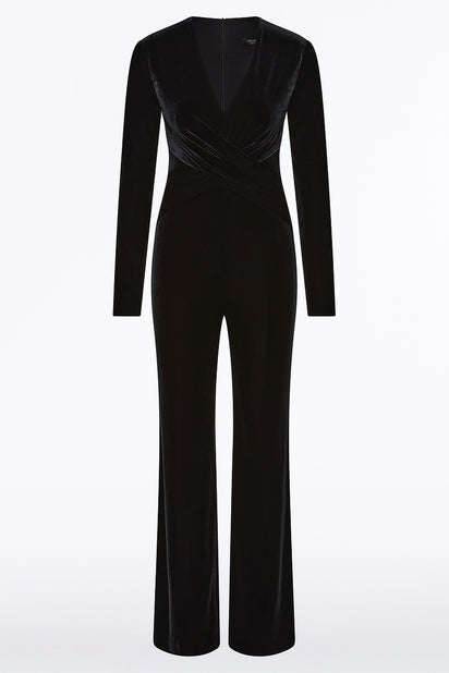 BLACK VELVET TUCK FRONT JUMPSUIT