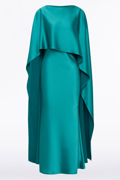 VIRIDIAN LUSTRE SATIN ASYMMETRIC DRAPE DRESS