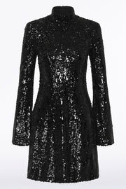 BLACK CASCADE SEQUIN FLUTED MINI DRESS