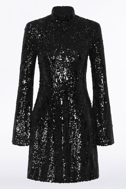 BLACK CASCADE SEQUIN FLUTED MINI DRESS