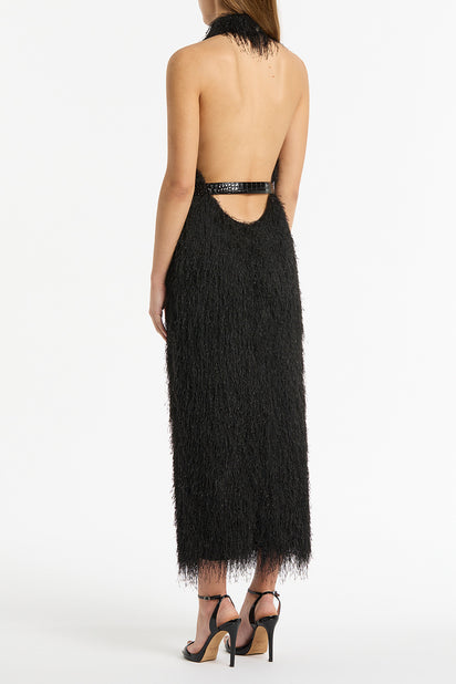 BLACK FRINGE KNIT FITTED DRESS