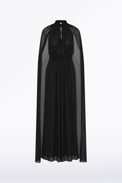 BLACK GEORGETTE HALTER CAPE GOWN