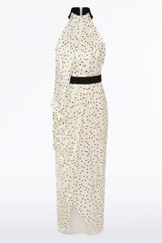 MONOCHROME DOT SILK VISCOSE HALTER DRAPED GOWN