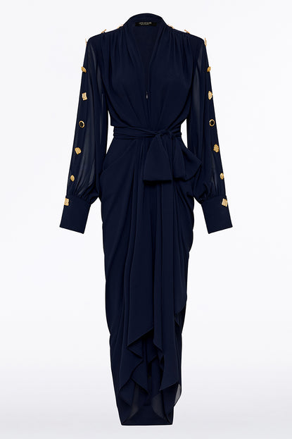 NAVY GGT BUTTON WATERFALL DRESS Carla Zampatti