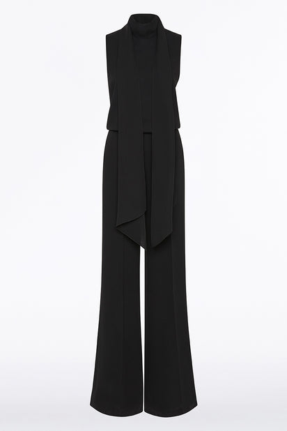 BLACK CREPE CLASSIC TIE NECK JUMPSUIT