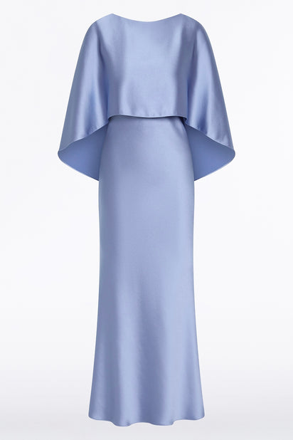 CORNFLOWER SATIN CAPE DRESS