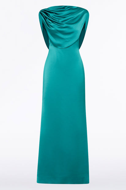 VIRIDIAN LUSTRE SATIN SHOULDER DRAPE GOWN
