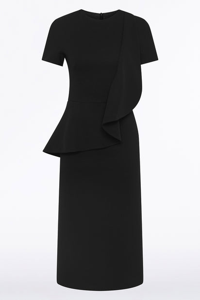 BLACK CREPE DRAPE PEPLUM MIDI DRESS