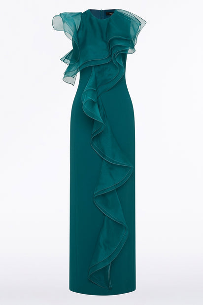 SERPENTINE CREPE RUFFLE FRONT GOWN