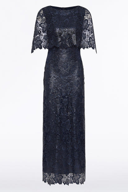NAVY FOILED LACE CAPE GOWN