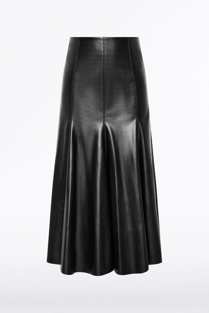 BLACK FAUX LEATHER FLOUNCE SKIRT