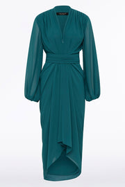 SERPENTINE GEORGETTE LONG SLEEVE WATERFALL DRESS
