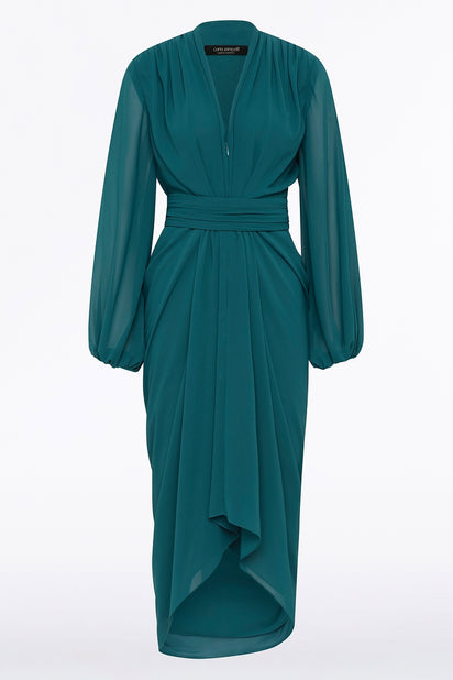 SERPENTINE GEORGETTE LONG SLEEVE WATERFALL DRESS